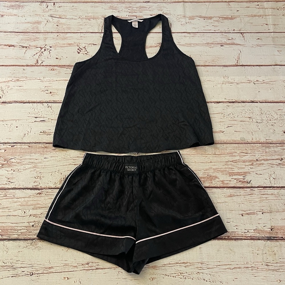 Victoria's Secret Satin Pajama Sleeping Short Size XS And Top Small Black Logo